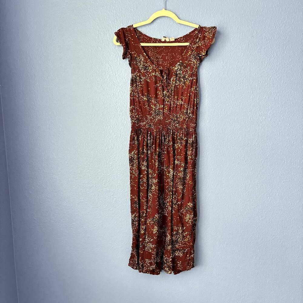 Women's ROXY Viscose Midi Smocked Dress Maroon Abstract Floral Pattern Medium